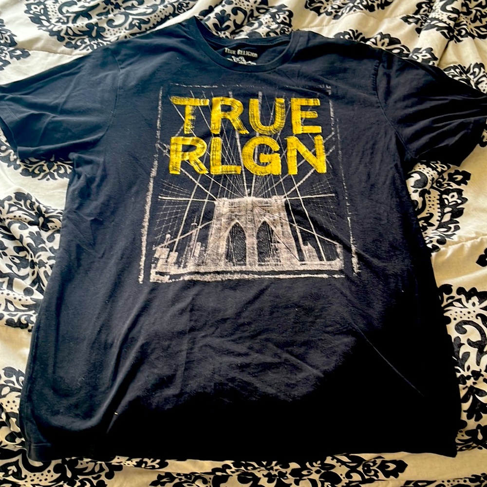 True religion short sleeve shirt black with gold lettering.